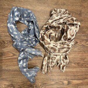 Ann Taylor Cashmere Blend Snow Leopard Scarf Lot of 2 Scarves Beige,  Blue